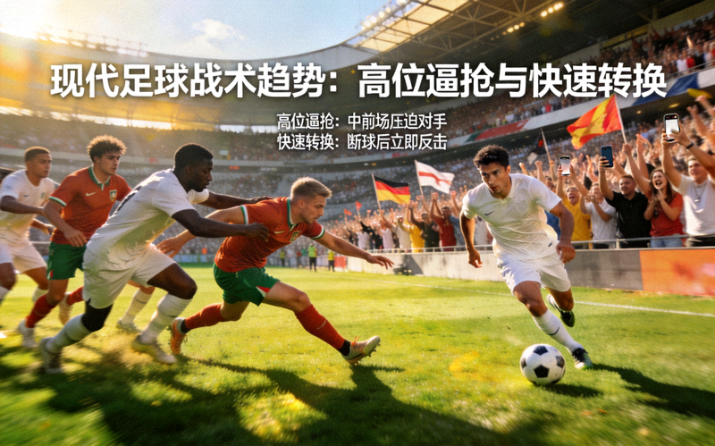 现代足球战术趋势高位逼抢与快速转换，球迷庆祝场景
